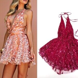 NWT Sisters the Label Embellished Flora Wrapped Mini Dress Scarlet Silk & Pearl